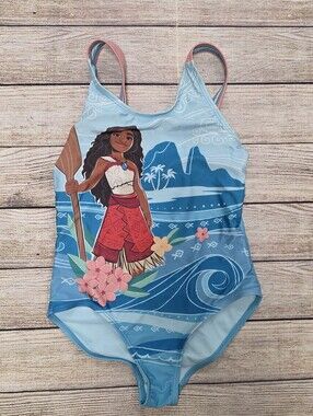 Disney Blue Moana Girls' One-Piece Swimsuit with Pink Accents Size 7/8